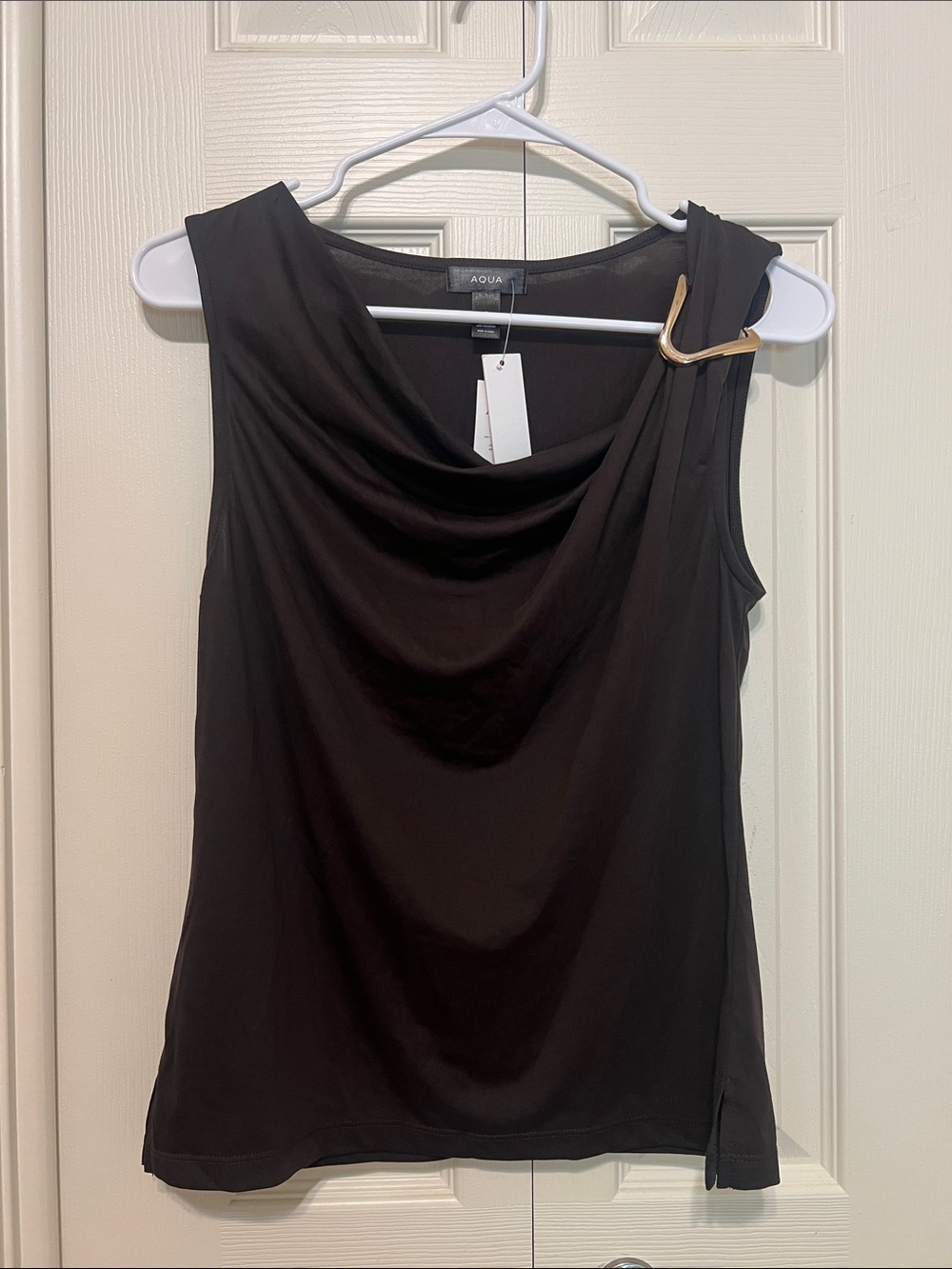 Aqua Brown Sleeveless Draped Tank with Gold Accent